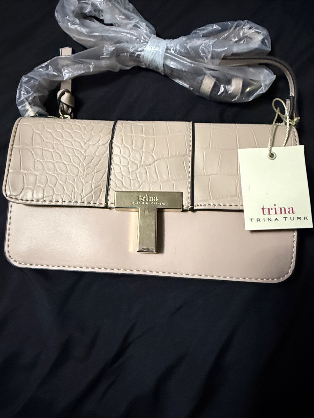 Trina Turk Blush Taupe Croc-Accent Crossbody with Gold T-Clasp